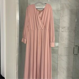 Light Pink Chiffon Long Sleeve Pleated Plus Maternity Maxi Dress